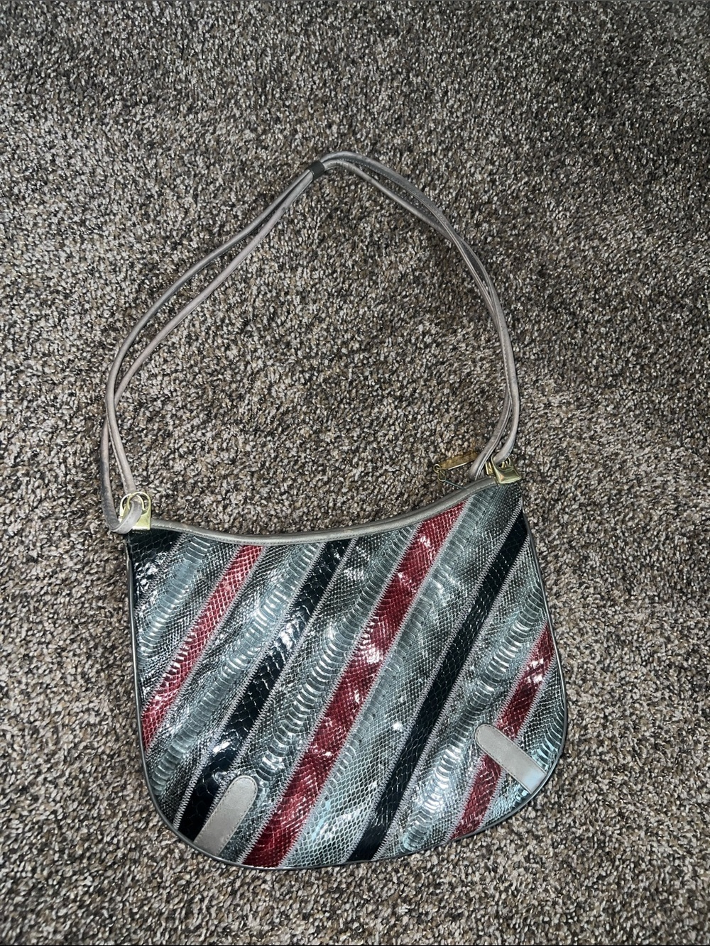 Women's snakeskin Diagonal Stripe Shoulder Bag in Silver, Black & Red